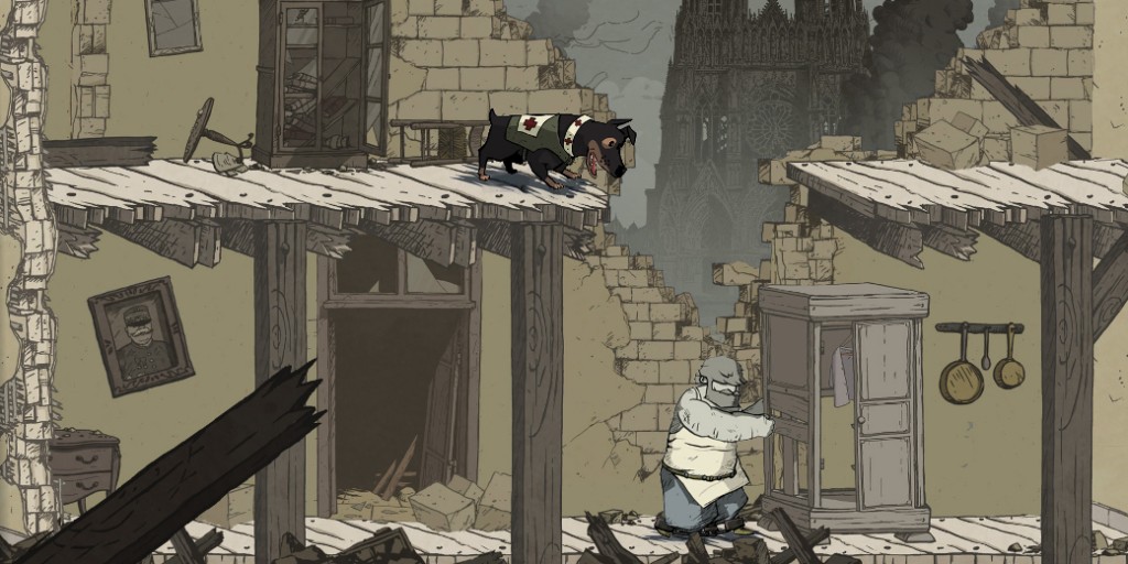 Emile, one of the French characters, solves a puzzle with the help of Walt the dog. (Source: Valiant Hearts)