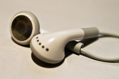 A typical set of in-the-ear headphones, usually called earbuds. 