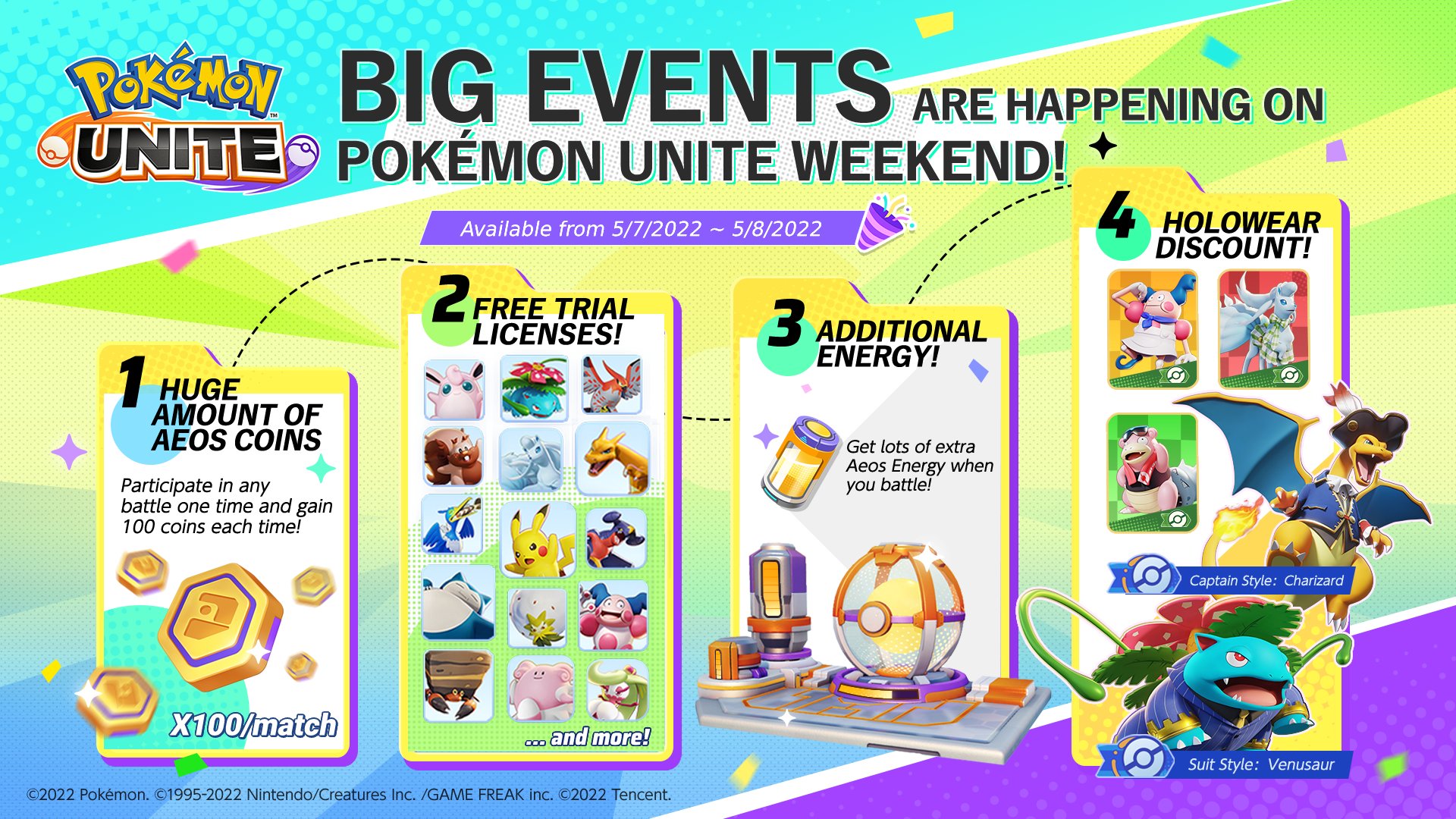 Earn bonus Aeos coins and energy during the first Pokémon Unite Weekend